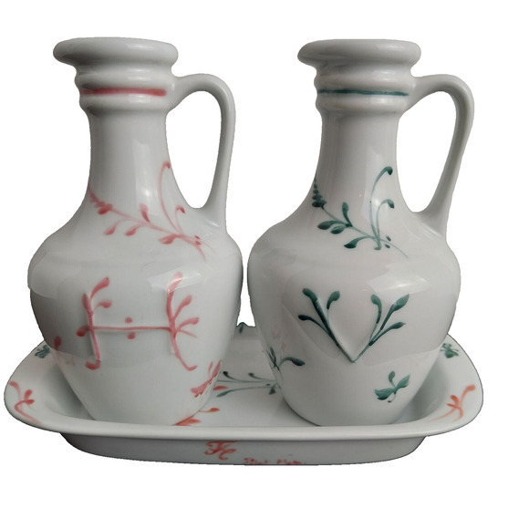 Limoges France Pottery Cruet Set Oil Vinegar Hand Painted Fluers Tray Pink Green - Picture 1 of 9